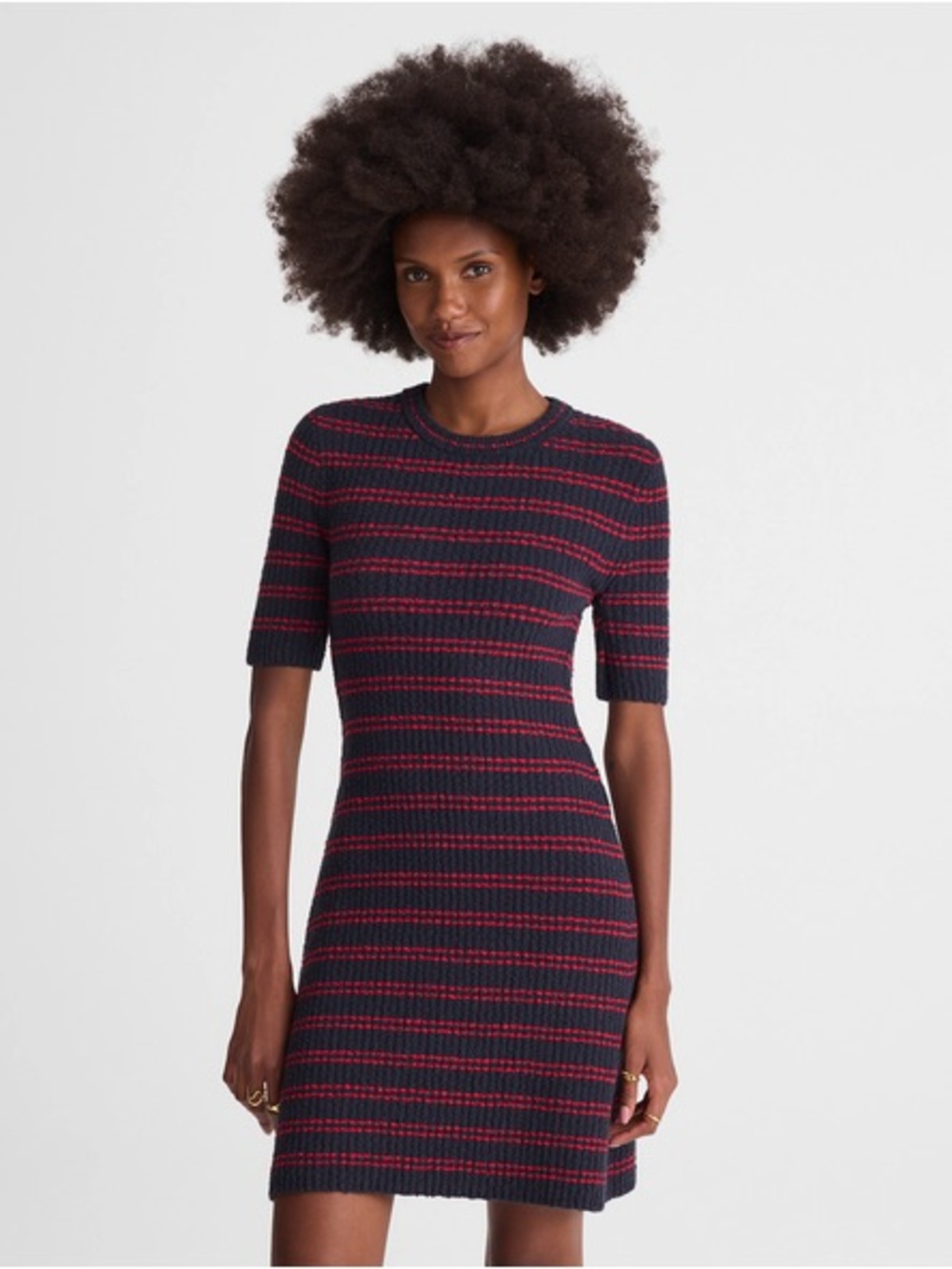 Madewell Ribbed A-Line Mini Dress in Navy And Red Mini Stripe - Size Small